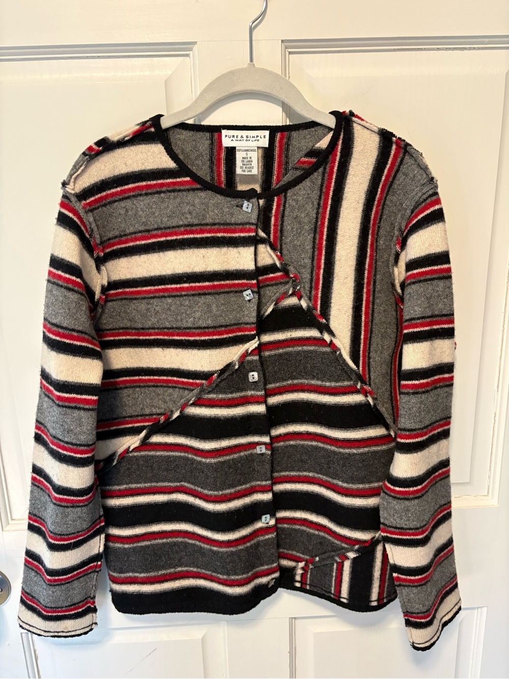 Pure & Simple Striped Button-Up Cardigan sweater gray red lambswool s small